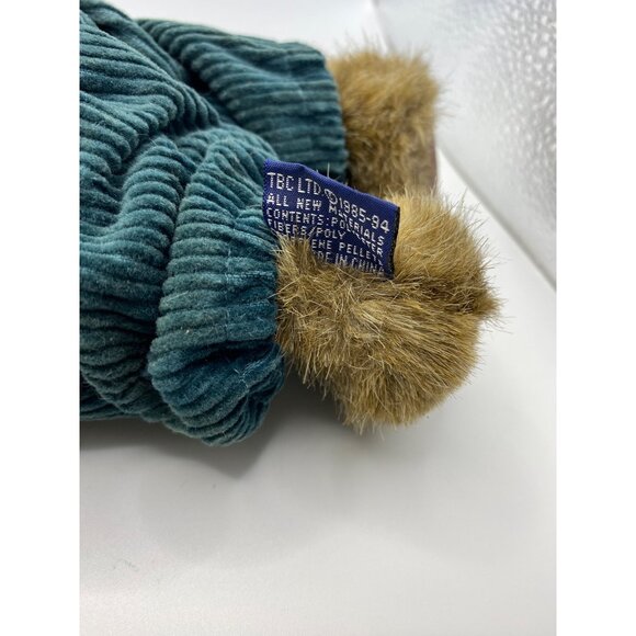 Vintage Boyd’s Teddy Bear In Green Corduroy Overalls On Wooden Stand 10” - Picture 8 of 12